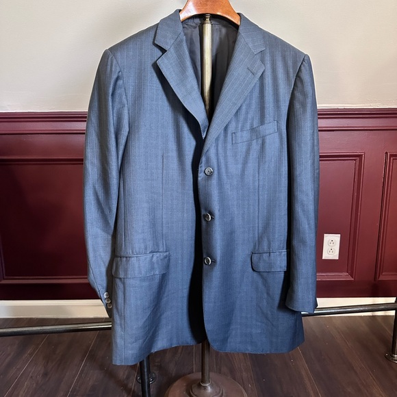 Ermenegildo Zegna Trofeo $4,000 gray/boue pinstriped Australian wool 2pc suit - Picture 2 of 15